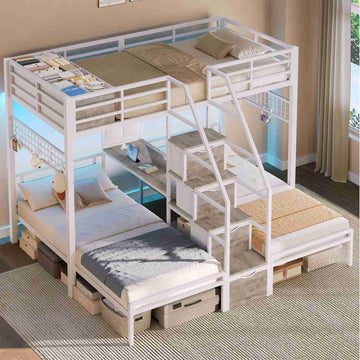 AOGLLATI Triple Bunk Bed with Desk and Stairs and 4 Drawers LED Metal Twin 3 Bunk Bed with Charging Station and Safety Guardrail