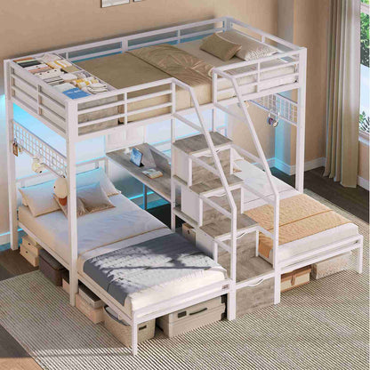AOGLLATI Triple Bunk Bed with Desk and Stairs and 4 Drawers LED Metal Twin 3 Bunk Bed with Charging Station and Safety Guardrail