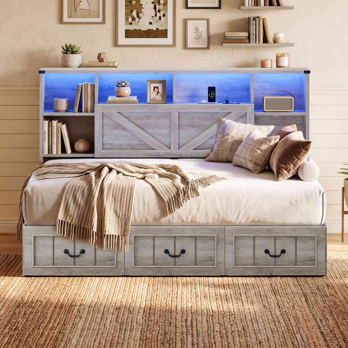AOGLLATI Twin Corner Daybed with 3 Storage Drawers and Charging Station LED Farmhouse Bed with 2- Tier Side Bookcase