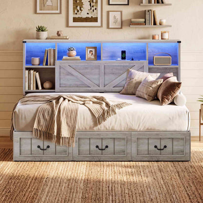 AOGLLATI Twin Corner Daybed with 3 Storage Drawers and Charging Station LED Farmhouse Bed with 2- Tier Side Bookcase
