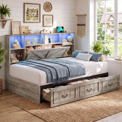 AOGLLATI Twin Corner Daybed with 3 Storage Drawers and Charging Station LED Farmhouse Bed with 2- Tier Side Bookcase