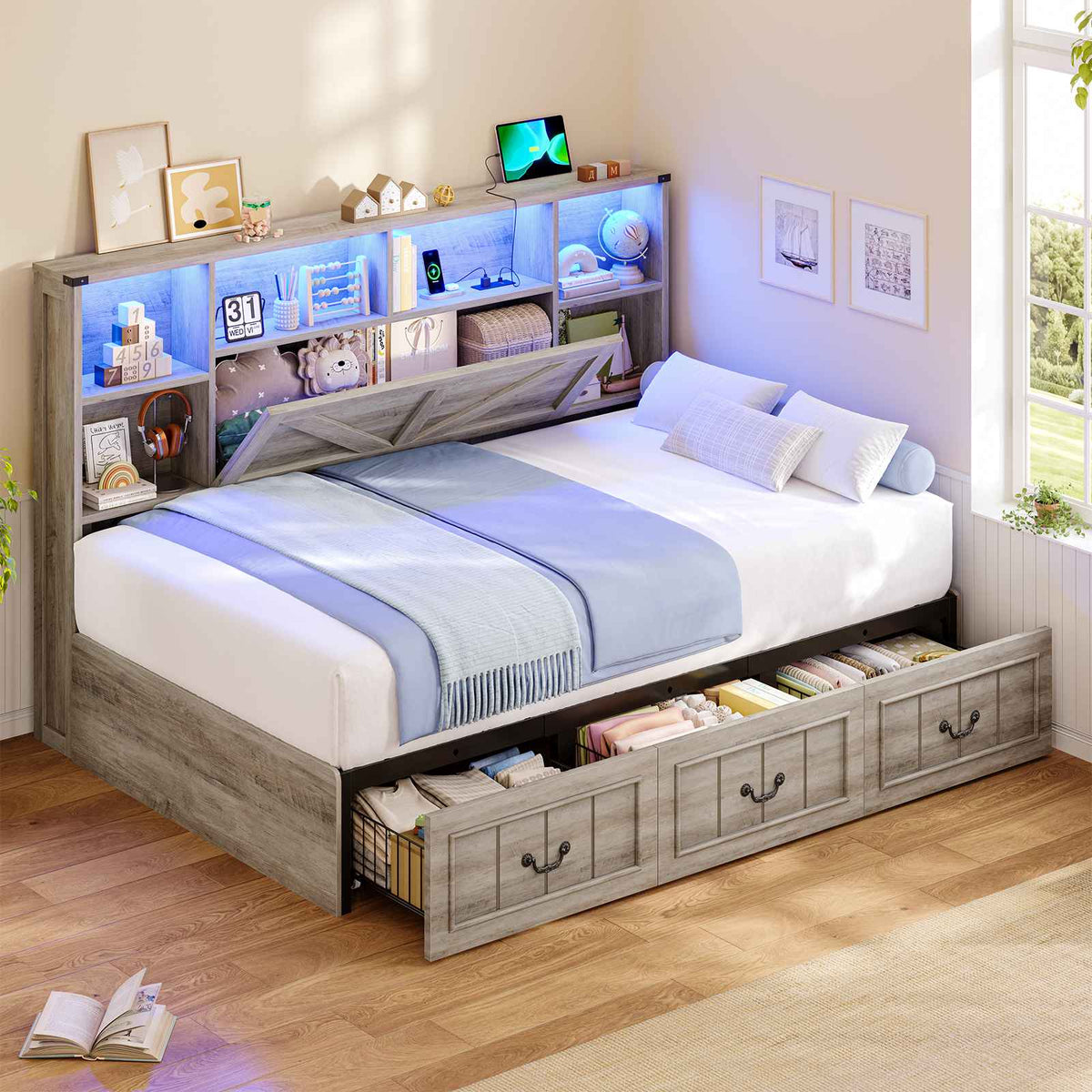 AOGLLATI Twin Corner Daybed with 3 Storage Drawers and Charging Station LED Farmhouse Bed with 2- Tier Side Bookcase