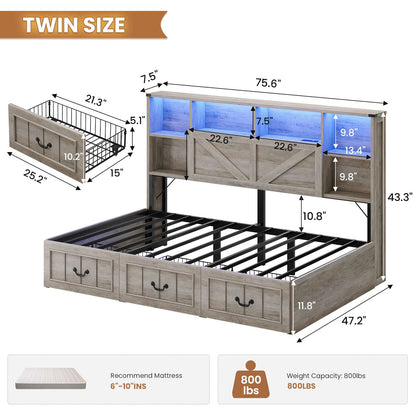 AOGLLATI Twin Corner Daybed with 3 Storage Drawers and Charging Station LED Farmhouse Bed with 2- Tier Side Bookcase