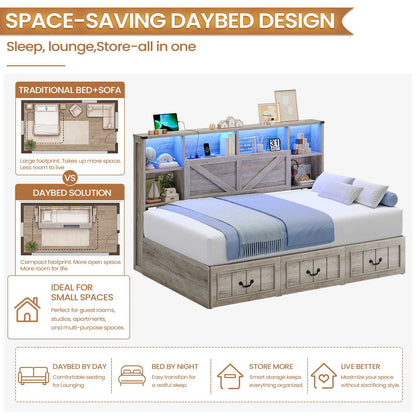 AOGLLATI Twin Corner Daybed with 3 Storage Drawers and Charging Station LED Farmhouse Bed with 2- Tier Side Bookcase