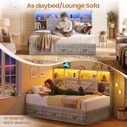 AOGLLATI Twin Corner Daybed with 3 Storage Drawers and Charging Station LED Farmhouse Bed with 2- Tier Side Bookcase