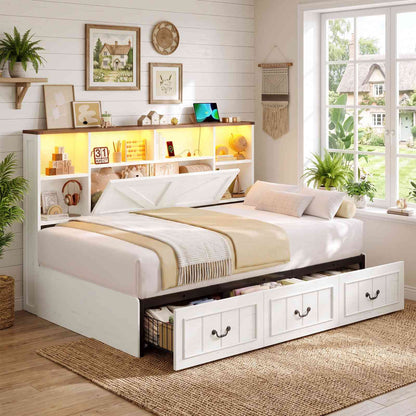 AOGLLATI Twin Corner Daybed with 3 Storage Drawers and Charging Station LED Farmhouse Bed with 2- Tier Side Bookcase