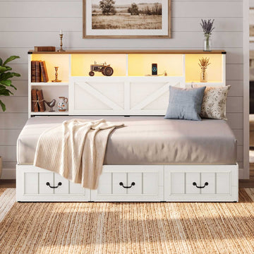 AOGLLATI Twin Corner Daybed with 3 Storage Drawers and Charging Station LED Farmhouse Bed with 2- Tier Side Bookcase