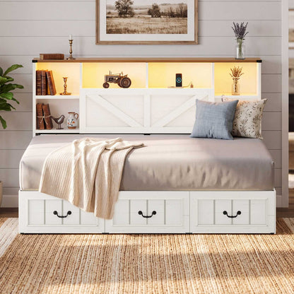 AOGLLATI Twin Corner Daybed with 3 Storage Drawers and Charging Station LED Farmhouse Bed with 2- Tier Side Bookcase