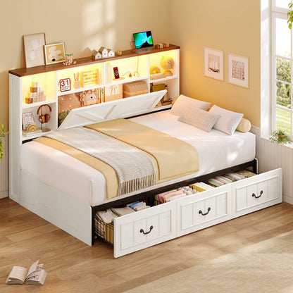 AOGLLATI Twin Corner Daybed with 3 Storage Drawers and Charging Station LED Farmhouse Bed with 2- Tier Side Bookcase