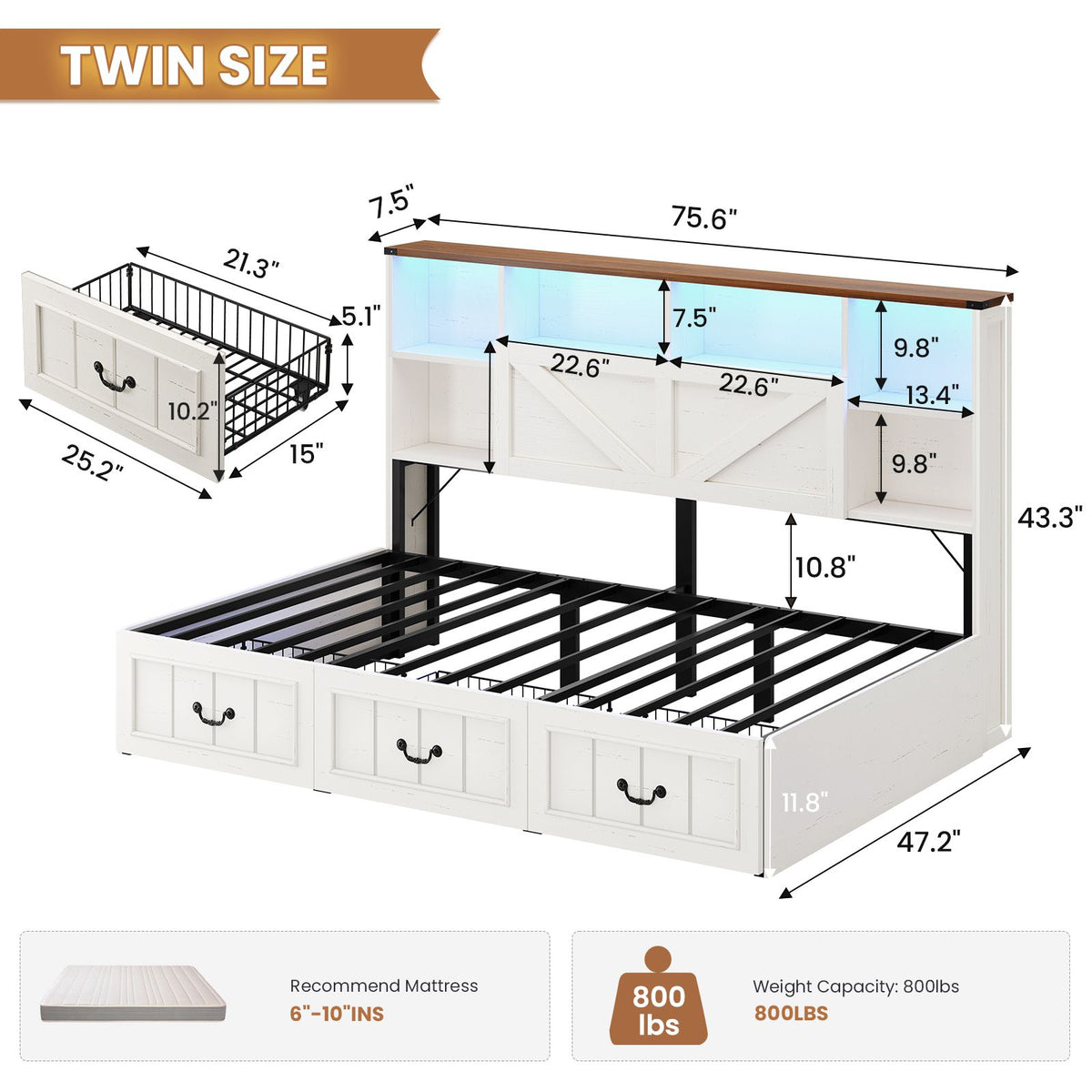 AOGLLATI Twin Corner Daybed with 3 Storage Drawers and Charging Station LED Farmhouse Bed with 2- Tier Side Bookcase