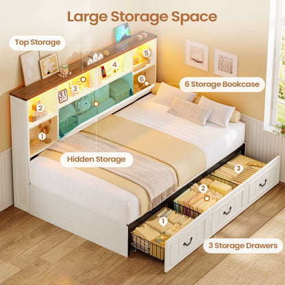AOGLLATI Twin Corner Daybed with 3 Storage Drawers and Charging Station LED Farmhouse Bed with 2- Tier Side Bookcase