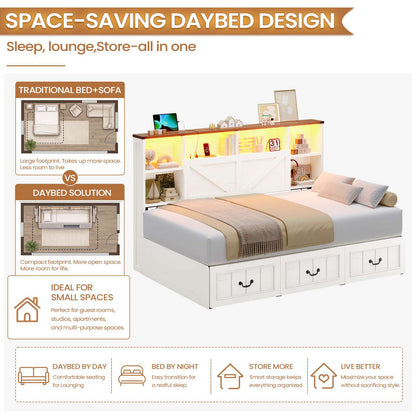 AOGLLATI Twin Corner Daybed with 3 Storage Drawers and Charging Station LED Farmhouse Bed with 2- Tier Side Bookcase
