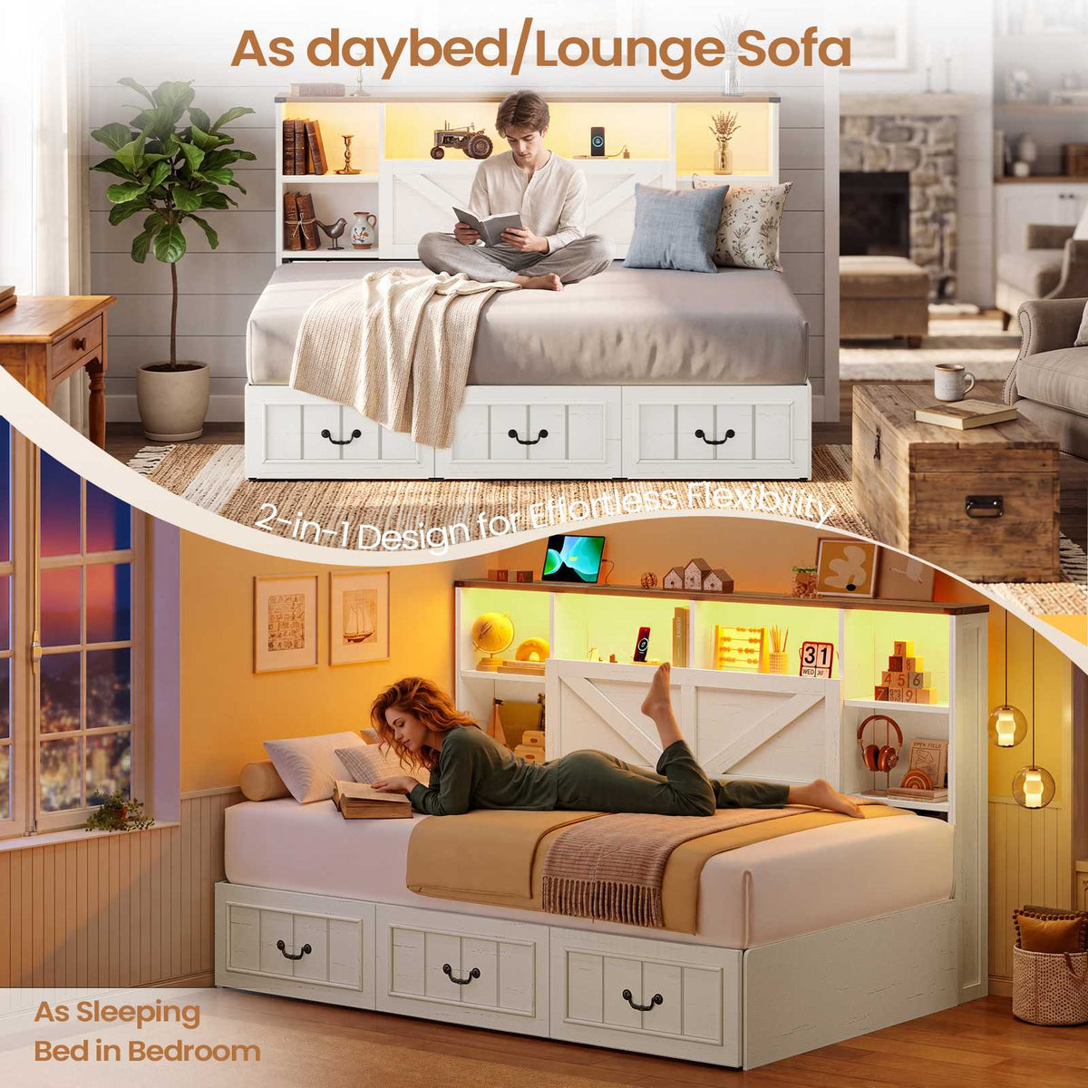 AOGLLATI Twin Corner Daybed with 3 Storage Drawers and Charging Station LED Farmhouse Bed with 2- Tier Side Bookcase
