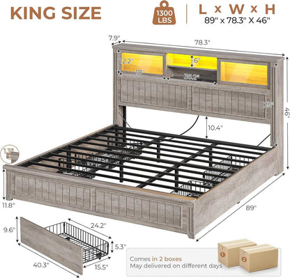 AOGLLATI King Size Bed Frame with Storage 4 Drawers and 3-Tier Hidden Headboard LED Farmhouse Wooden Bed Frame with Acrylic Sliding Door and Charging Station