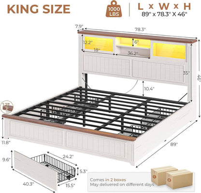 AOGLLATI King Size Bed Frame with Storage 4 Drawers and 3-Tier Hidden Headboard LED Farmhouse Wooden Bed Frame with Acrylic Sliding Door and Charging Station