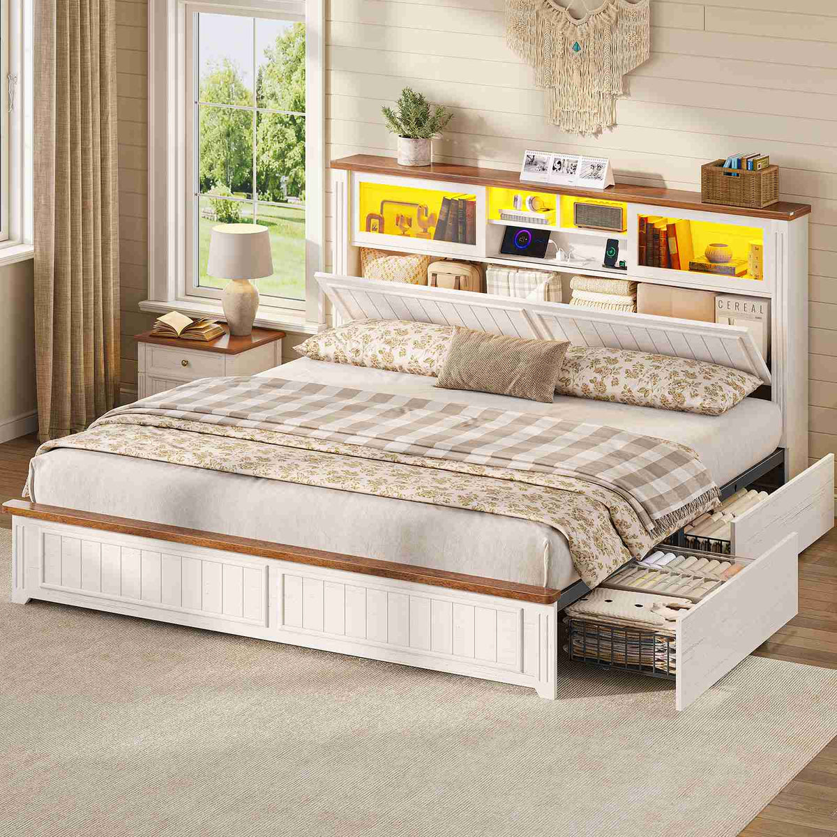 AOGLLATI King Size Bed Frame with Storage 4 Drawers and 3-Tier Hidden Headboard LED Farmhouse Wooden Bed Frame with Acrylic Sliding Door and Charging Station
