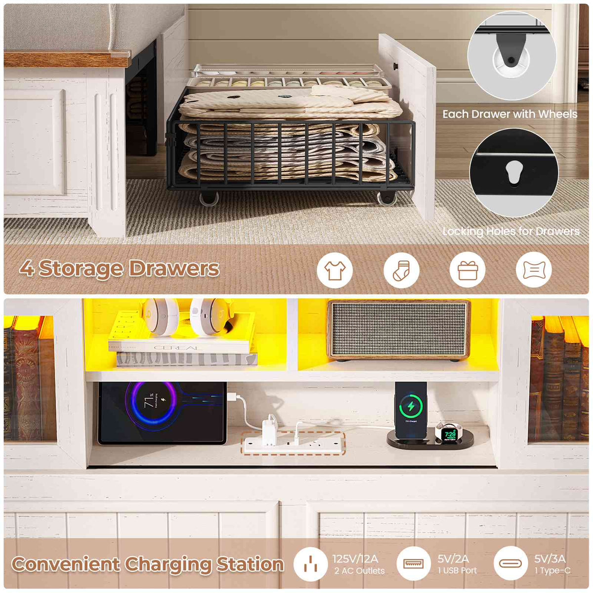 AOGLLATI King Size Bed Frame with Storage 4 Drawers and 3-Tier Hidden Headboard LED Farmhouse Wooden Bed Frame with Acrylic Sliding Door and Charging Station