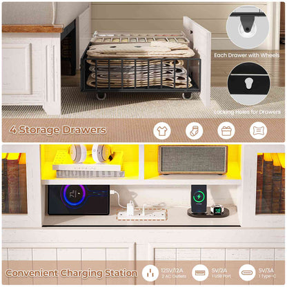 AOGLLATI King Size Bed Frame with Storage 4 Drawers and 3-Tier Hidden Headboard LED Farmhouse Wooden Bed Frame with Acrylic Sliding Door and Charging Station