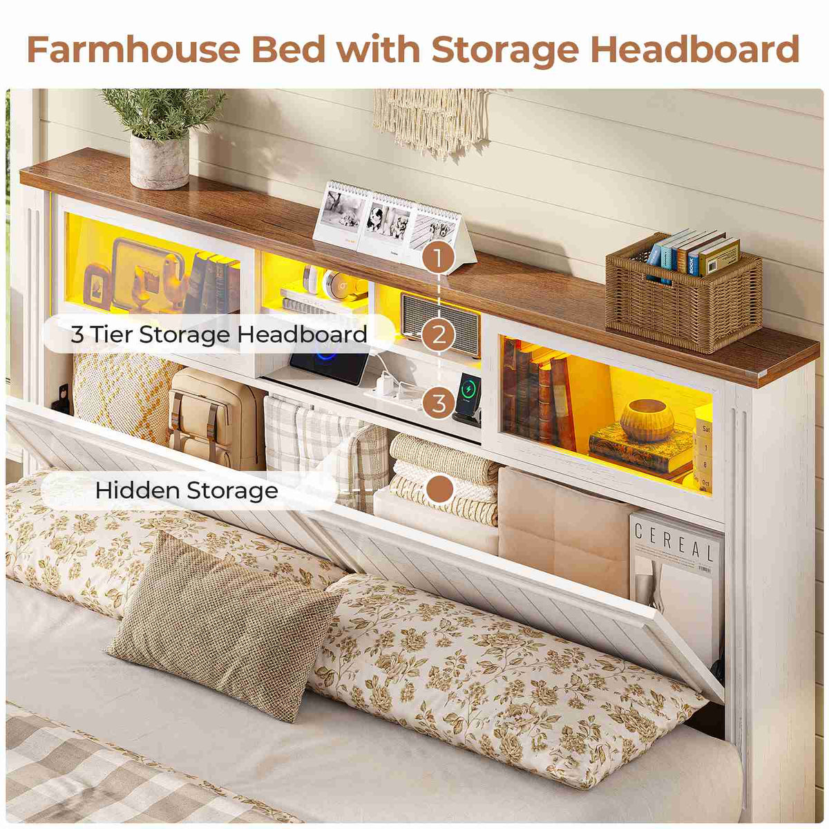 AOGLLATI King Size Bed Frame with Storage 4 Drawers and 3-Tier Hidden Headboard LED Farmhouse Wooden Bed Frame with Acrylic Sliding Door and Charging Station