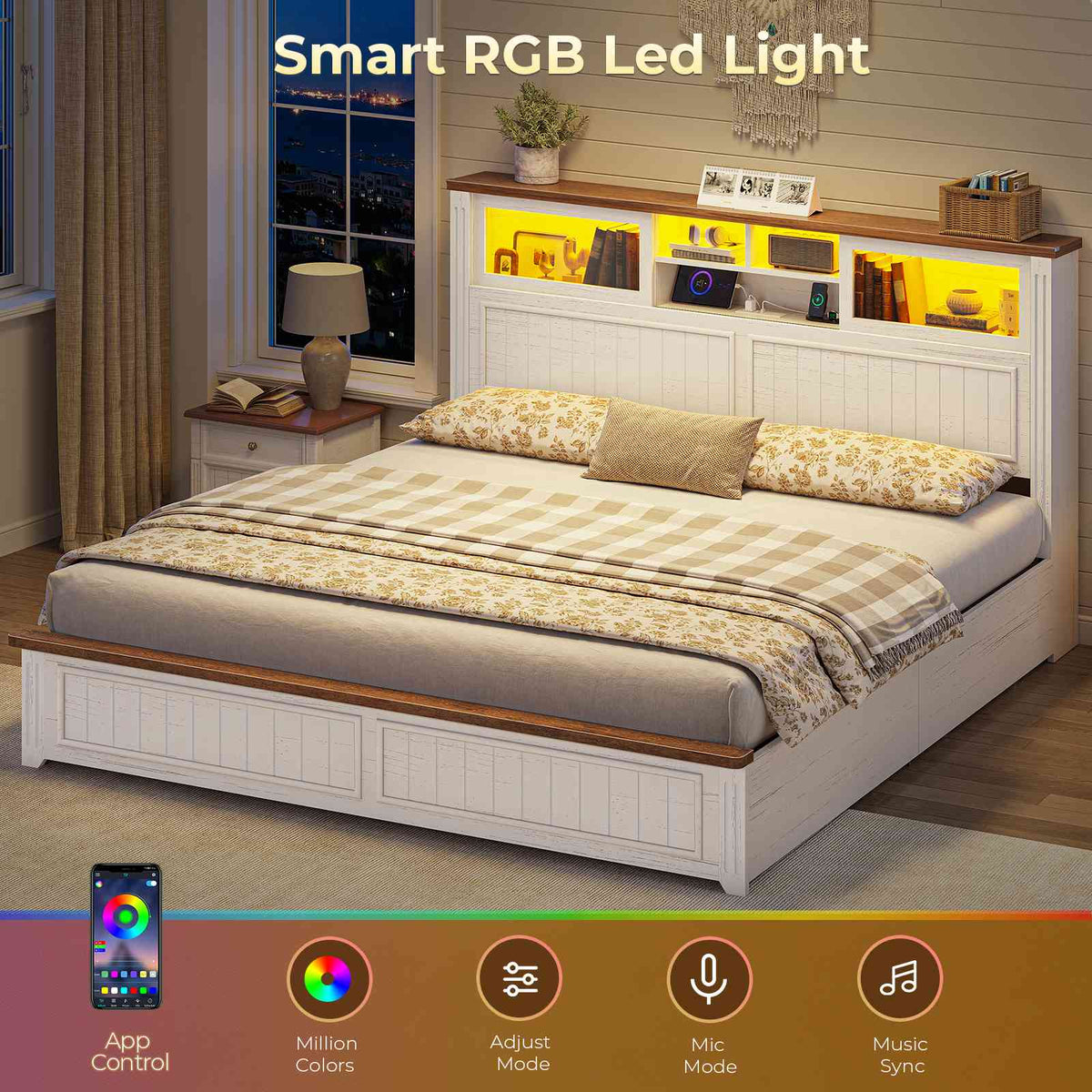 AOGLLATI King Size Bed Frame with Storage 4 Drawers and 3-Tier Hidden Headboard LED Farmhouse Wooden Bed Frame with Acrylic Sliding Door and Charging Station