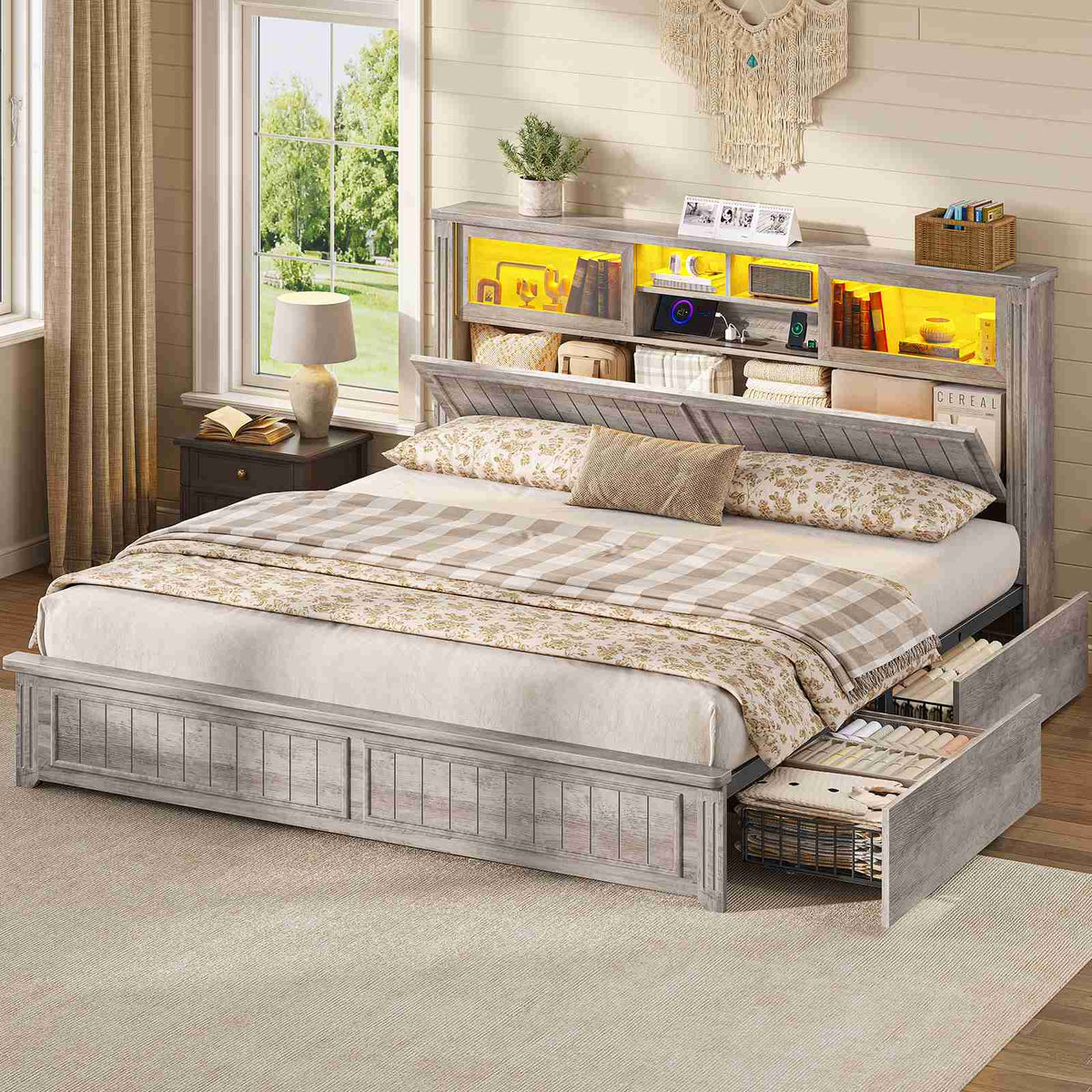 AOGLLATI King Size Bed Frame with Storage 4 Drawers and 3-Tier Hidden Headboard LED Farmhouse Wooden Bed Frame with Acrylic Sliding Door and Charging Station