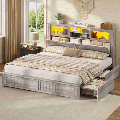 AOGLLATI King Size Bed Frame with Storage 4 Drawers and 3-Tier Hidden Headboard LED Farmhouse Wooden Bed Frame with Acrylic Sliding Door and Charging Station