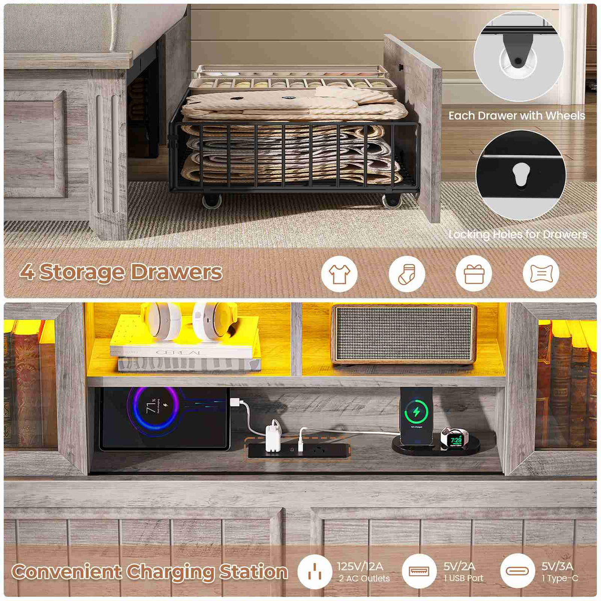AOGLLATI King Size Bed Frame with Storage 4 Drawers and 3-Tier Hidden Headboard LED Farmhouse Wooden Bed Frame with Acrylic Sliding Door and Charging Station