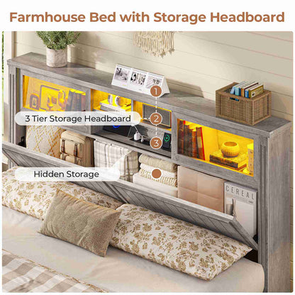 AOGLLATI King Size Bed Frame with Storage 4 Drawers and 3-Tier Hidden Headboard LED Farmhouse Wooden Bed Frame with Acrylic Sliding Door and Charging Station