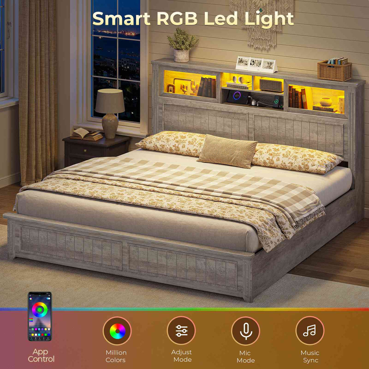 AOGLLATI King Size Bed Frame with Storage 4 Drawers and 3-Tier Hidden Headboard LED Farmhouse Wooden Bed Frame with Acrylic Sliding Door and Charging Station