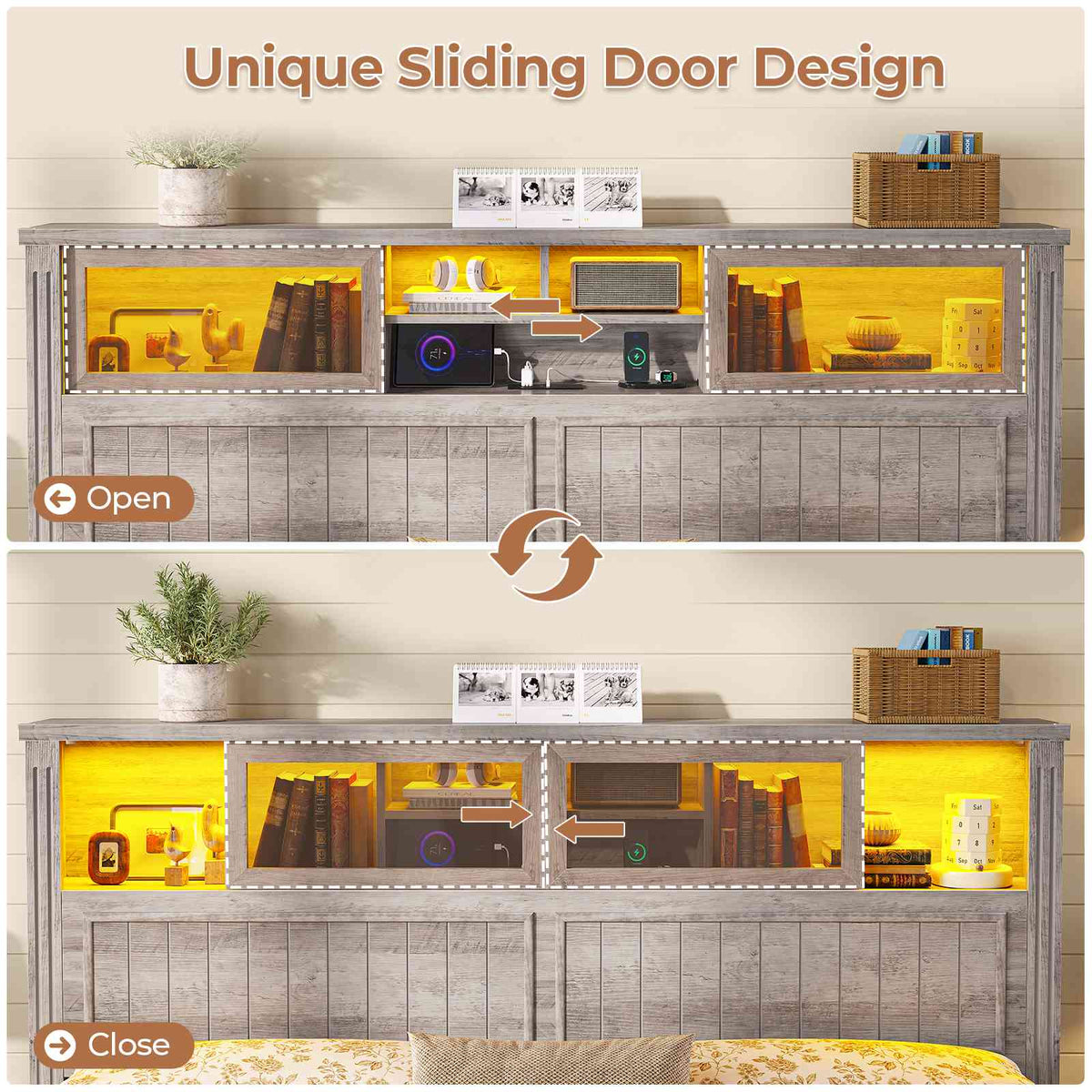 AOGLLATI King Size Bed Frame with Storage 4 Drawers and 3-Tier Hidden Headboard LED Farmhouse Wooden Bed Frame with Acrylic Sliding Door and Charging Station