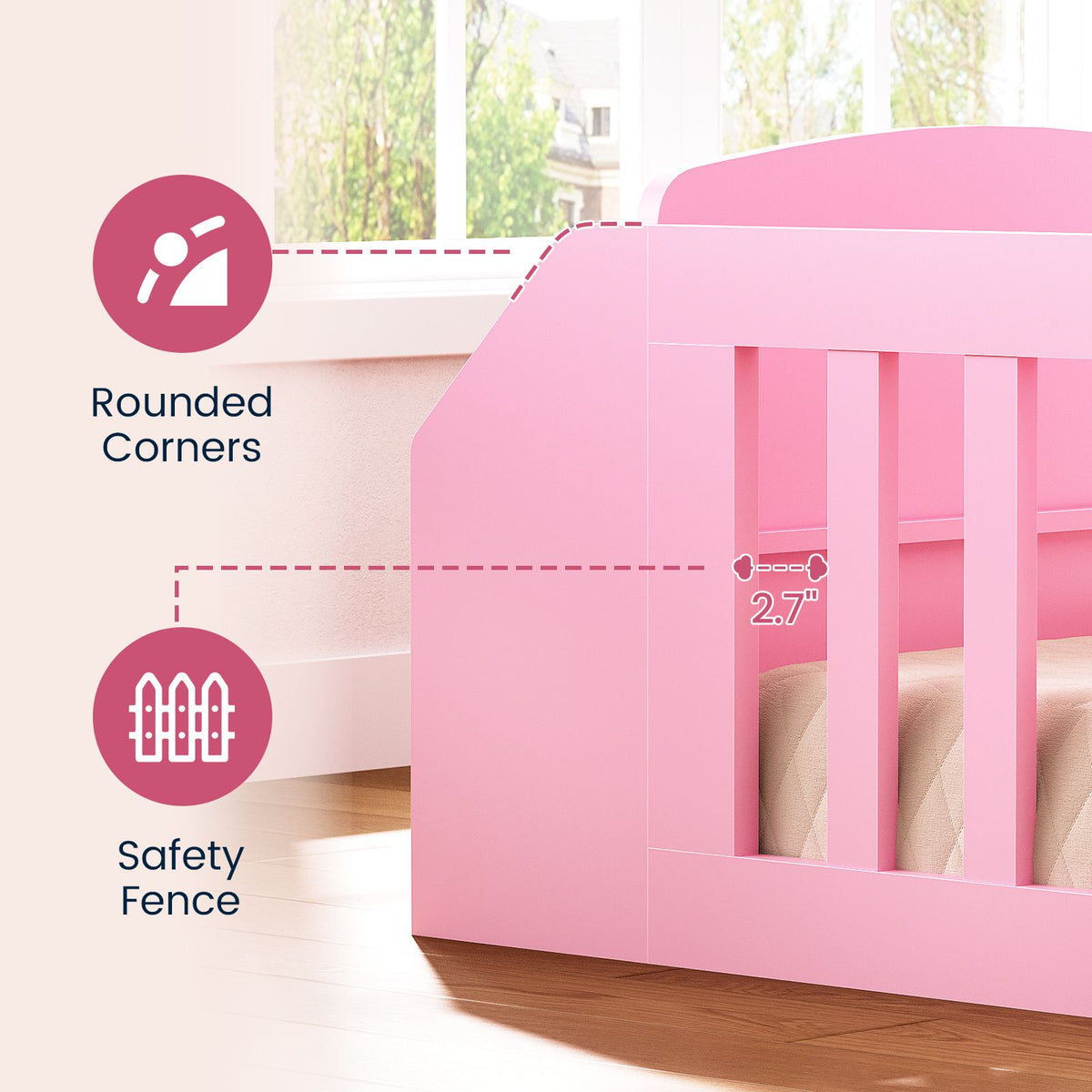AOGLLATI Twin Floor Bed Frame with Storage Shelves and Sides Bookshelves Wooden Montessori Bed Frame for Kids with Safety Guardrail and 4 Fabric Drawers