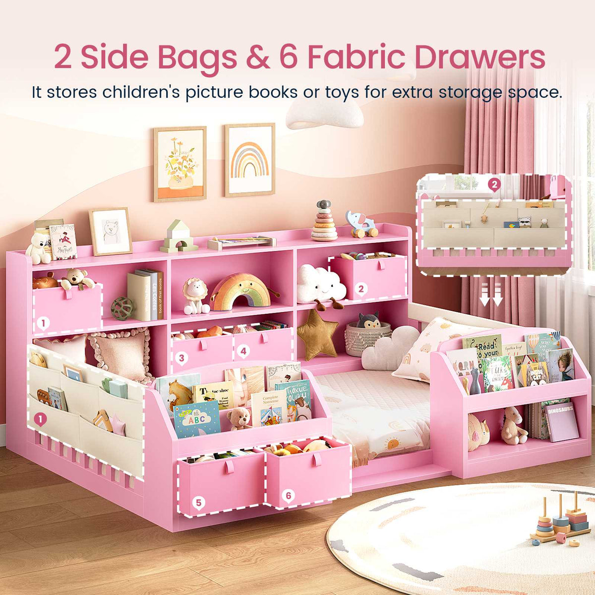 AOGLLATI Twin Floor Bed Frame with Storage Shelves and Sides Bookshelves Wooden Montessori Bed Frame for Kids with Safety Guardrail and 4 Fabric Drawers