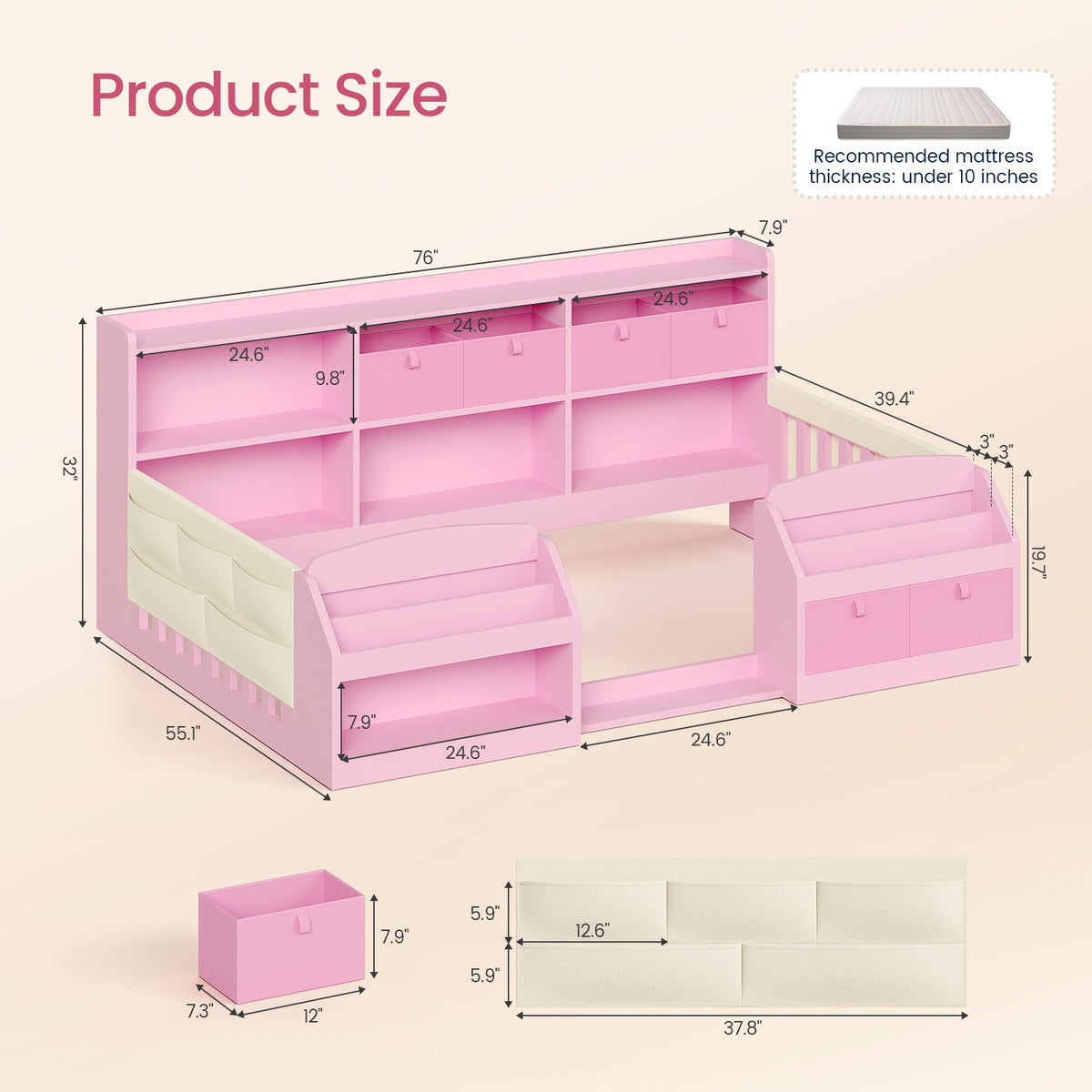 AOGLLATI Twin Floor Bed Frame with Storage Shelves and Sides Bookshelves Wooden Montessori Bed Frame for Kids with Safety Guardrail and 4 Fabric Drawers