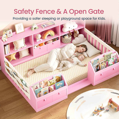AOGLLATI Twin Floor Bed Frame with Storage Shelves and Sides Bookshelves Wooden Montessori Bed Frame for Kids with Safety Guardrail and 4 Fabric Drawers