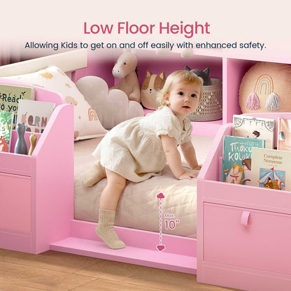 AOGLLATI Twin Floor Bed Frame with Storage Shelves and Sides Bookshelves Wooden Montessori Bed Frame for Kids with Safety Guardrail and 4 Fabric Drawers