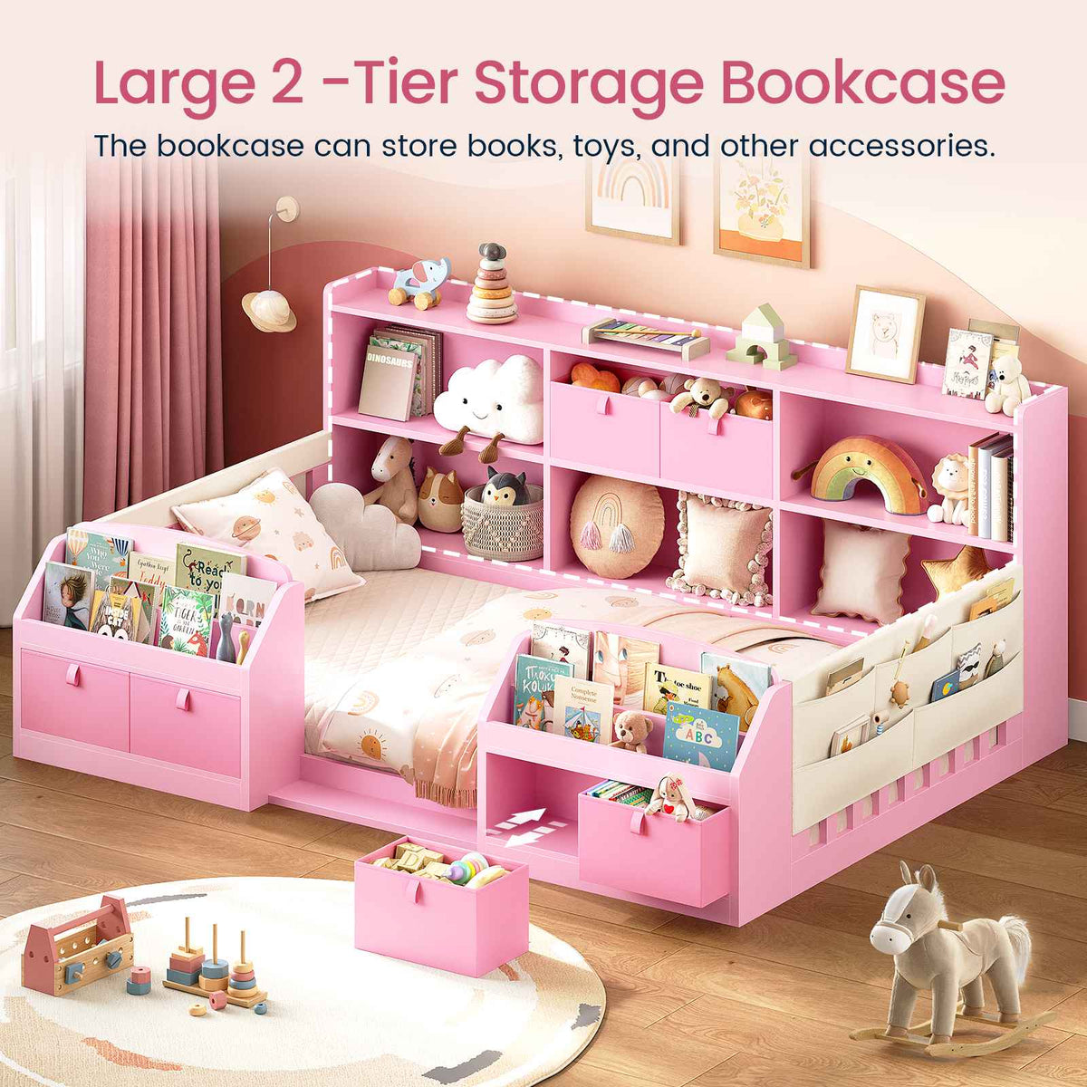 AOGLLATI Twin Floor Bed Frame with Storage Shelves and Sides Bookshelves Wooden Montessori Bed Frame for Kids with Safety Guardrail and 4 Fabric Drawers