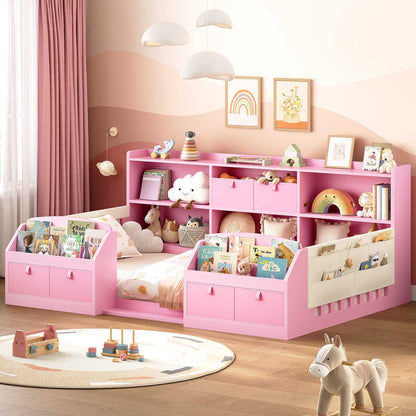 AOGLLATI Twin Floor Bed Frame with Storage Shelves and Sides Bookshelves Wooden Montessori Bed Frame for Kids with Safety Guardrail and 4 Fabric Drawers