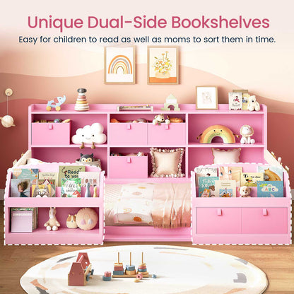 AOGLLATI Twin Floor Bed Frame with Storage Shelves and Sides Bookshelves Wooden Montessori Bed Frame for Kids with Safety Guardrail and 4 Fabric Drawers