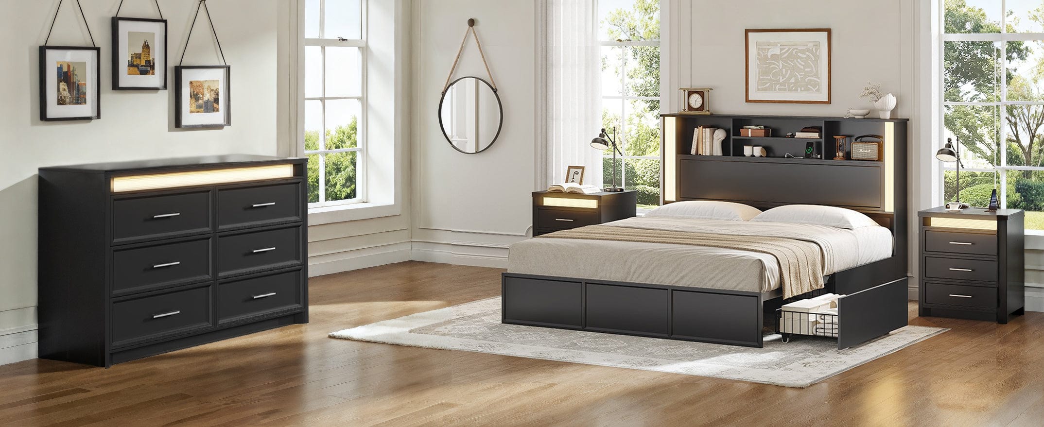 Aogllati Black Lighting Bed frame Headboard and Nightstand and Dressers for Bedroom