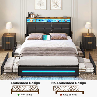 AOGLLATI Bed Frame AOGLLATI 4 Storage Drawers LED Bed Frame with Charging Station Black