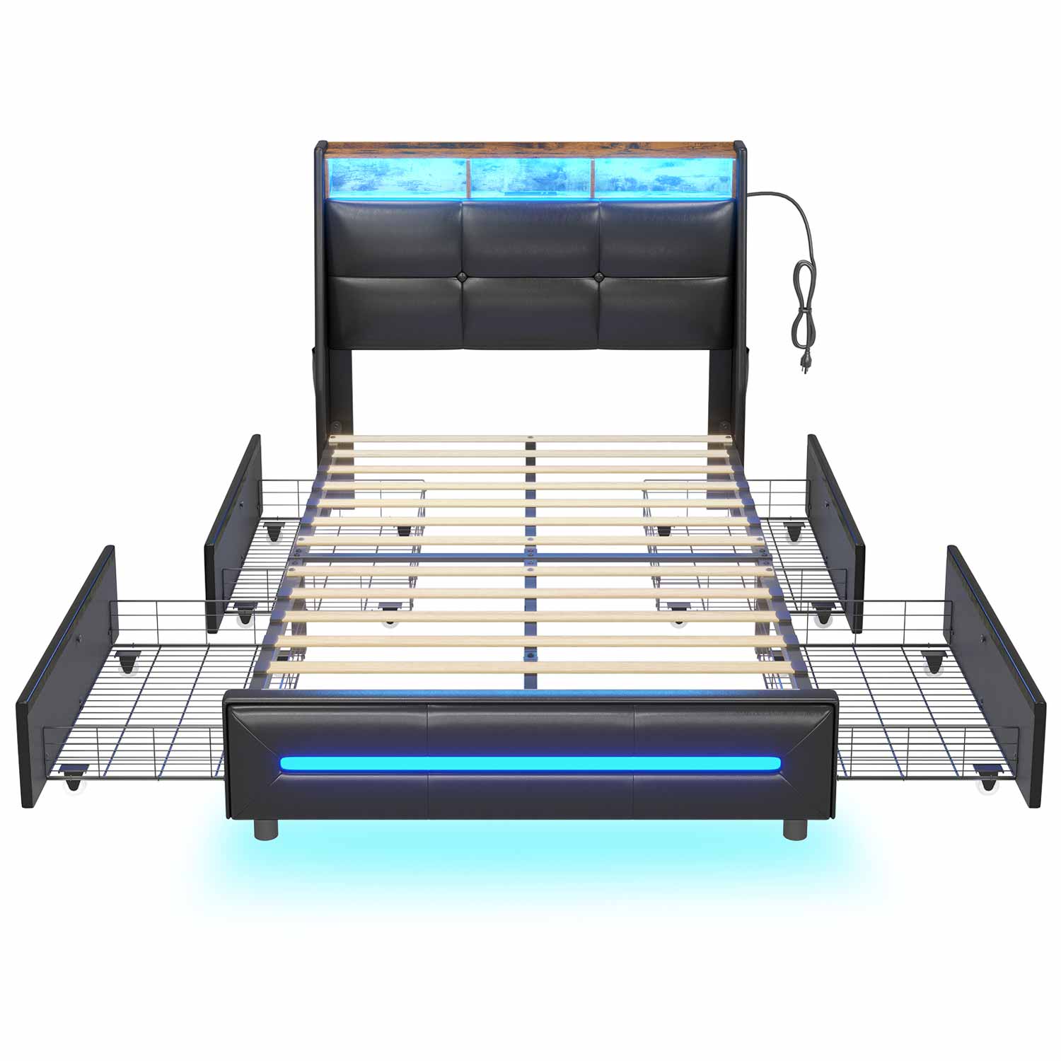 AOGLLATI Bed Frame AOGLLATI 4 Storage Drawers LED Bed Frame with Charging Station Black