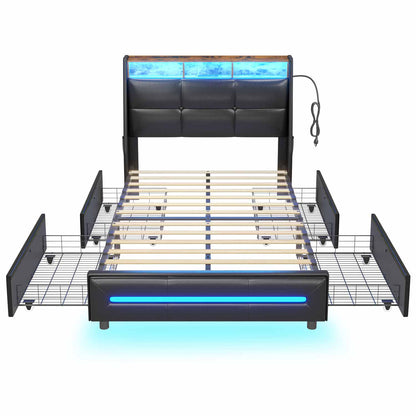AOGLLATI Bed Frame AOGLLATI 4 Storage Drawers LED Bed Frame with Charging Station Black