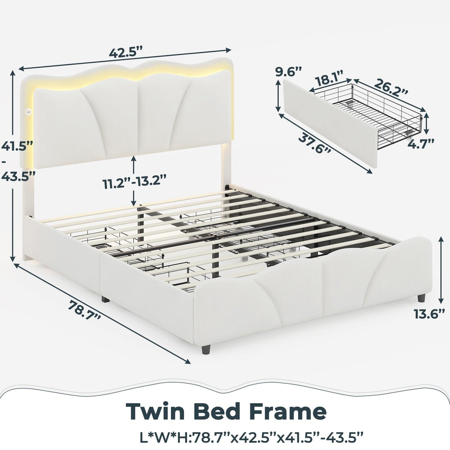 AOGLLATI Bed Frame AOGLLATI Bed Frame with 4 Drawers, Upholstered LED Bed Frame with Adjustable Flowers Headboard