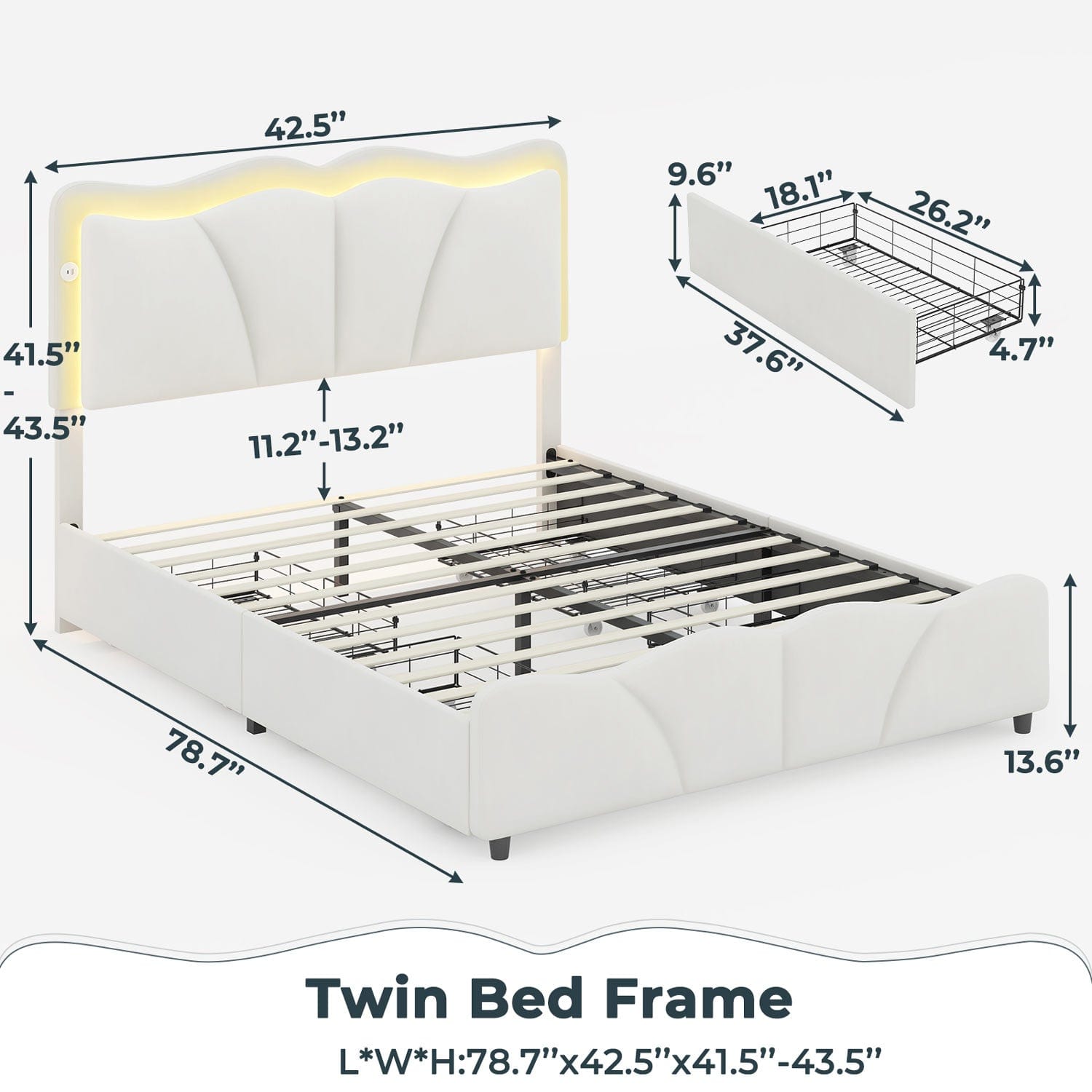 AOGLLATI Bed Frame AOGLLATI Bed Frame with 4 Drawers, Upholstered LED Bed Frame with Adjustable Flowers Headboard