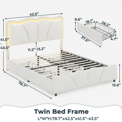 AOGLLATI Bed Frame AOGLLATI Bed Frame with 4 Drawers, Upholstered LED Bed Frame with Adjustable Flowers Headboard