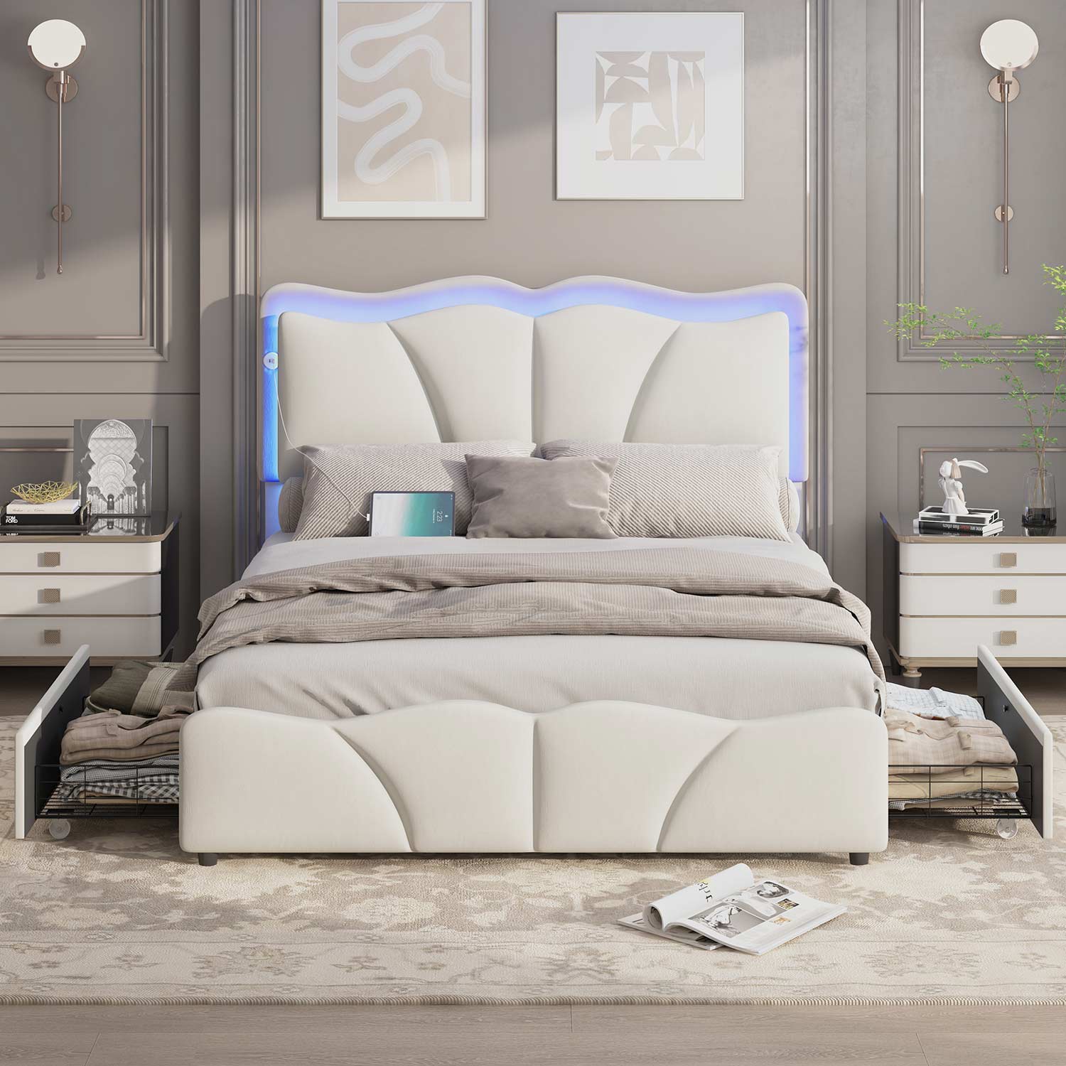 AOGLLATI Bed Frame AOGLLATI Bed Frame with 4 Drawers, Upholstered LED Bed Frame with Adjustable Flowers Headboard