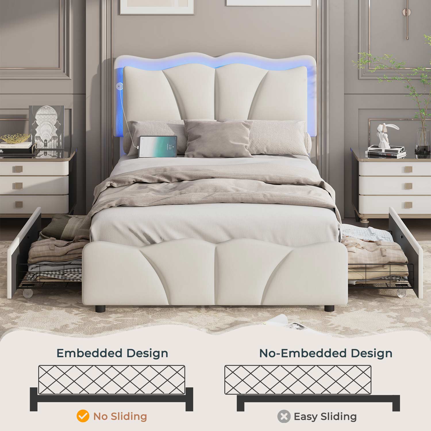 AOGLLATI Bed Frame AOGLLATI Bed Frame with 4 Drawers, Upholstered LED Bed Frame with Adjustable Flowers Headboard
