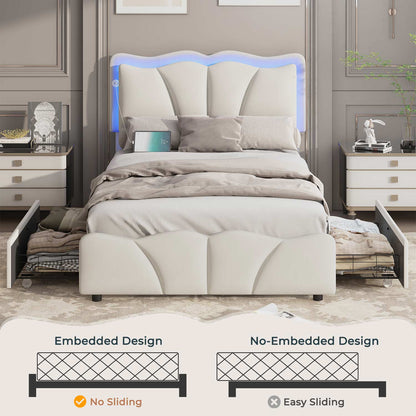 AOGLLATI Bed Frame AOGLLATI Bed Frame with 4 Drawers, Upholstered LED Bed Frame with Adjustable Flowers Headboard