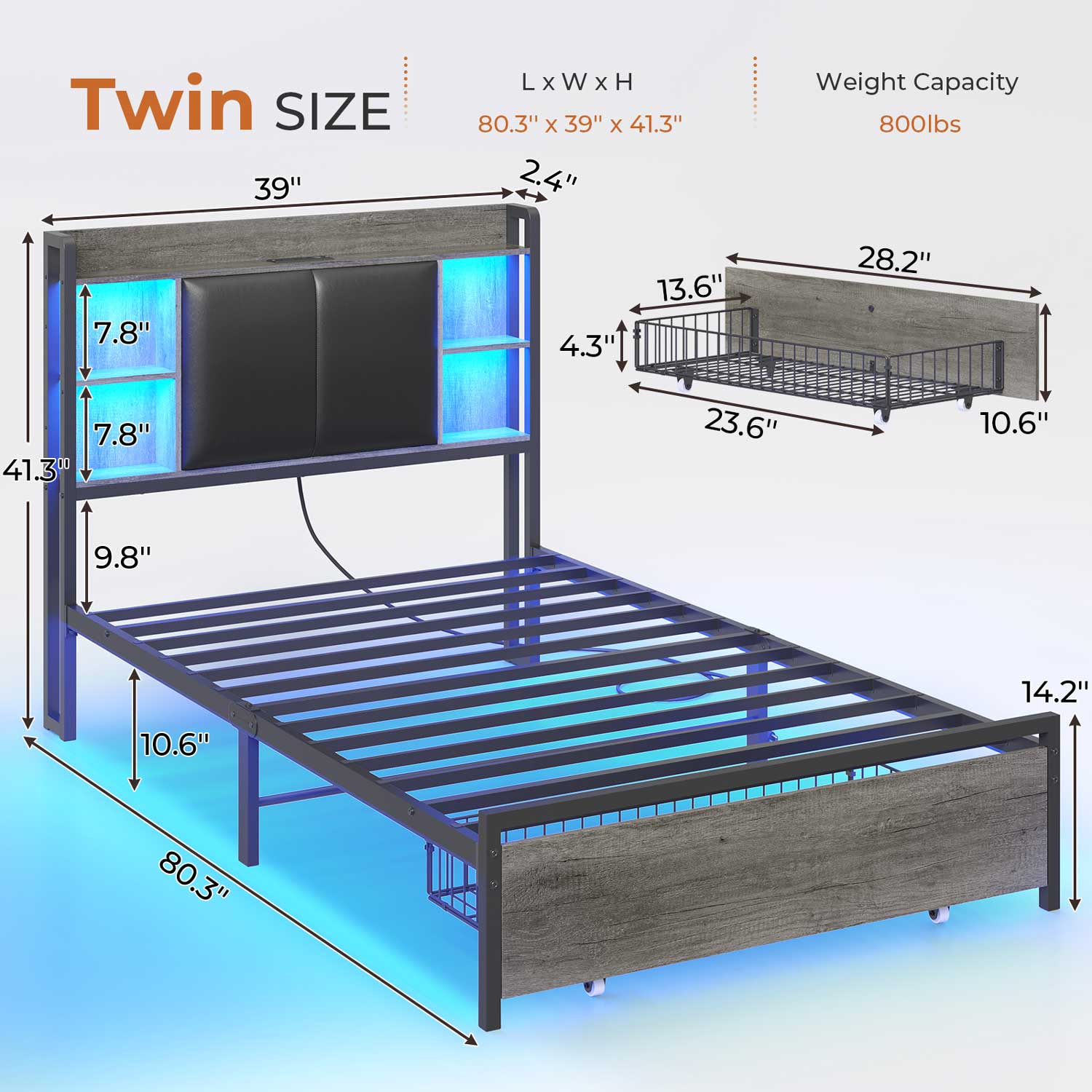 AOGLLATI Bed Frame AOGLLATI Bed Frame with Charging Station and Led Lights Grey
