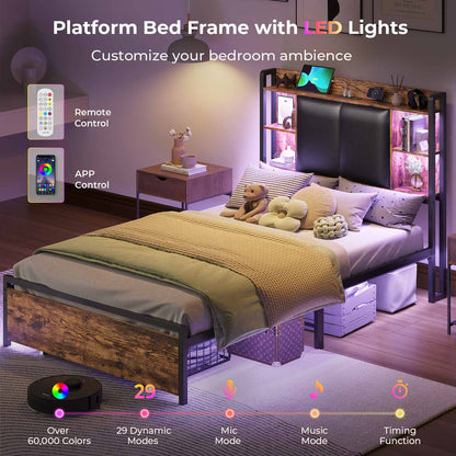 AOGLLATI Bed Frame AOGLLATI Bed Frame with Charging Station and Led Lights Vintage Brown